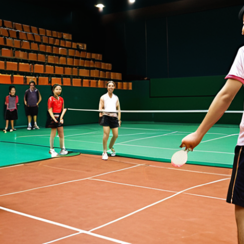 Home 19 A vibrant badminton court scene, bathed in warm, inviting light. Two players from opposing sides share a moment of genuine connection and mutual respect; one player is returning a shuttlecock to the other with a friendly smile, illustrating a small, simple gesture that transforms potential frustration into instant camaraderie. The background shows other players enjoying the game, emphasizing a harmonious and respectful community atmosphere. Focus on bright colors and clear lines, conveying the "hidden rhythm" of shared enjoyment.