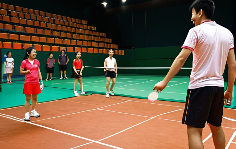 A vibrant badminton court scene, bathed in warm, inviting light. Two players from opposing sides share a moment of genuine connection and mutual respect; one player is returning a shuttlecock to the other with a friendly smile, illustrating a small, simple gesture that transforms potential frustration into instant camaraderie. The background shows other players enjoying the game, emphasizing a harmonious and respectful community atmosphere. Focus on bright colors and clear lines, conveying the "hidden rhythm" of shared enjoyment.