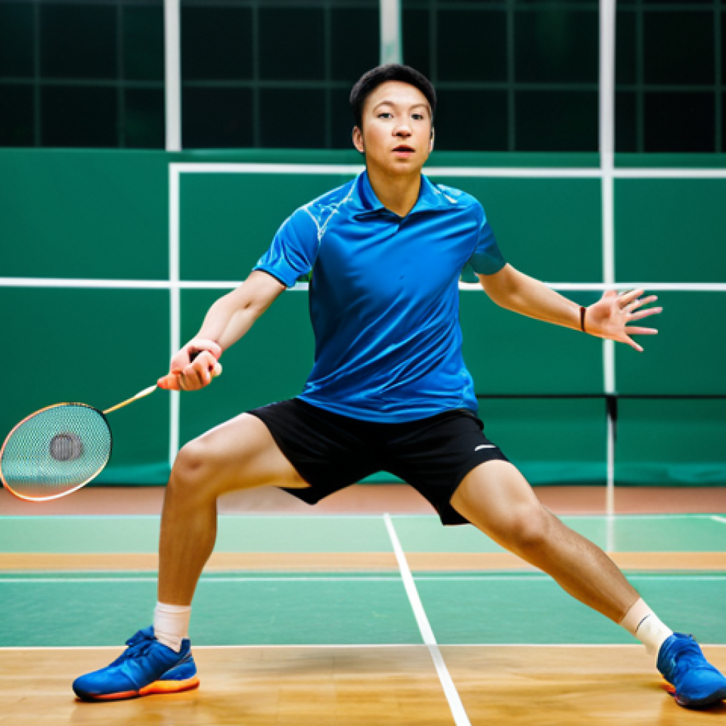 배드민턴 스포츠 의류 트렌드 - Technical Fabrics in Action**

"A badminton player in action, dynamically lunging for a shot, wearin...