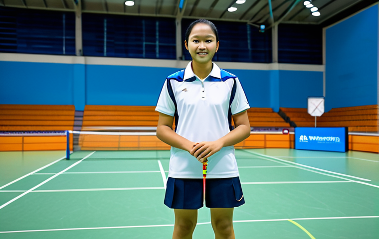 배드민턴 스포츠 의류 트렌드 - Technical Fabrics in Action**

"A badminton player in action, dynamically lunging for a shot, wearin...