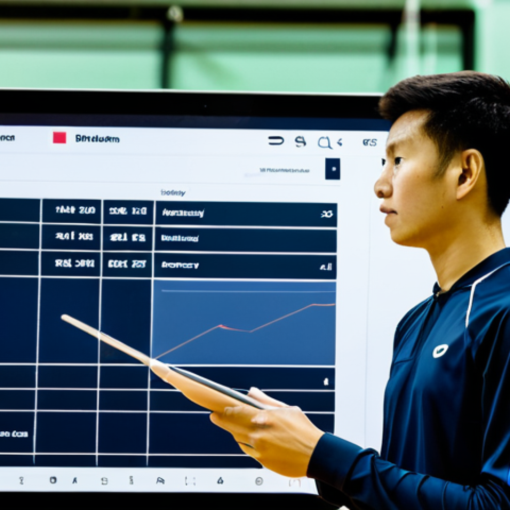 배드민턴 훈련용 도구 추천 - Smart Racket Analysis**

"A badminton player, fully clothed in athletic wear, reviewing data on a ta...