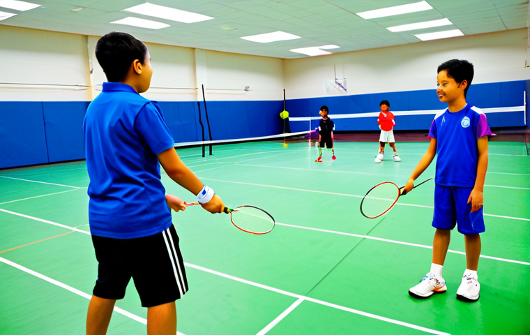 배드민턴 동아리 만들기 가이드 - **Subject:** Young woman in modest sportswear practicing badminton. **Setting:** Modern, bright gymn...