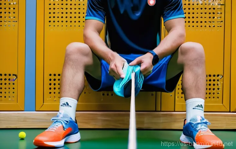 배드민턴 장비 정기 점검 방법 - **Prompt:** An overhead shot on a badminton court floor, showcasing both feather and nylon shuttleco...