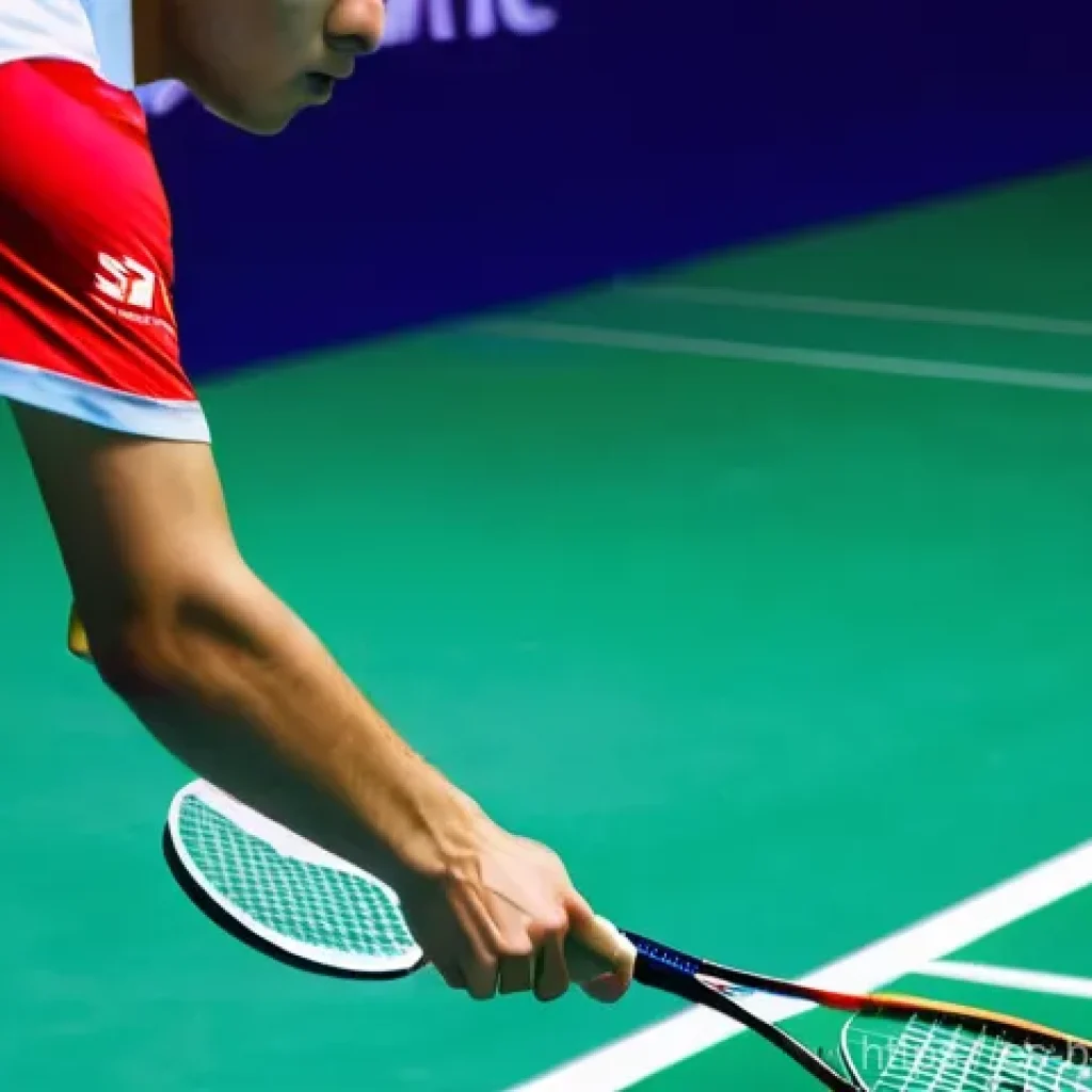 초보자를 위한 배드민턴 코칭 팁 - **Prompt:** A close-up, eye-level shot of a male badminton player's hands on a racket, demonstrating...