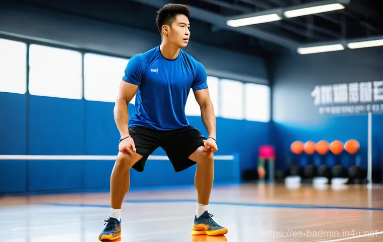 배드민턴 무릎 부상 관리 방법 - **Prompt 1: Strength and Prevention in Training**
    "A determined male badminton player, in his la...