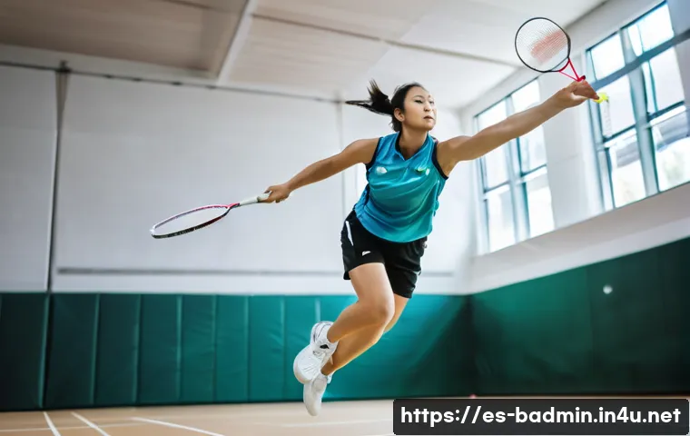 배드민턴과 테니스의 차이 - **Badminton: The Aerial Dynamo**
    An energetic female badminton player, mid-air, executing a powe...