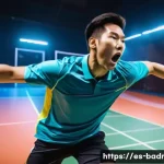 배드민턴 동영상 편집 꿀팁 - A dynamic badminton scene capturing a powerful smash mid-air by a skilled male player wearing sporty...