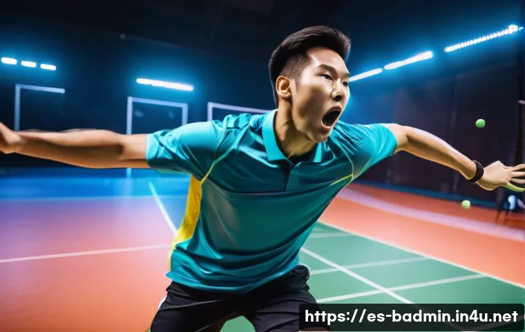 배드민턴 동영상 편집 꿀팁 - A dynamic badminton scene capturing a powerful smash mid-air by a skilled male player wearing sporty...