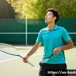 배드민턴 경기 중 집중력 유지 비법 - A focused young male badminton player practicing diaphragmatic breathing on an outdoor court in a su...