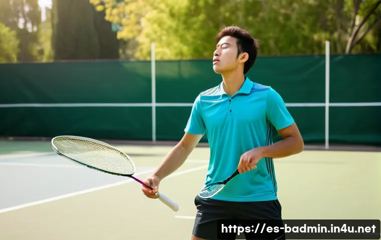 배드민턴 경기 중 집중력 유지 비법 - A focused young male badminton player practicing diaphragmatic breathing on an outdoor court in a su...