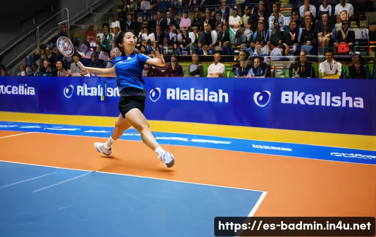 배드민턴 라켓 텐션 조절 팁 - A professional badminton player in mid-action on an indoor court, wearing a full sports outfit inclu...