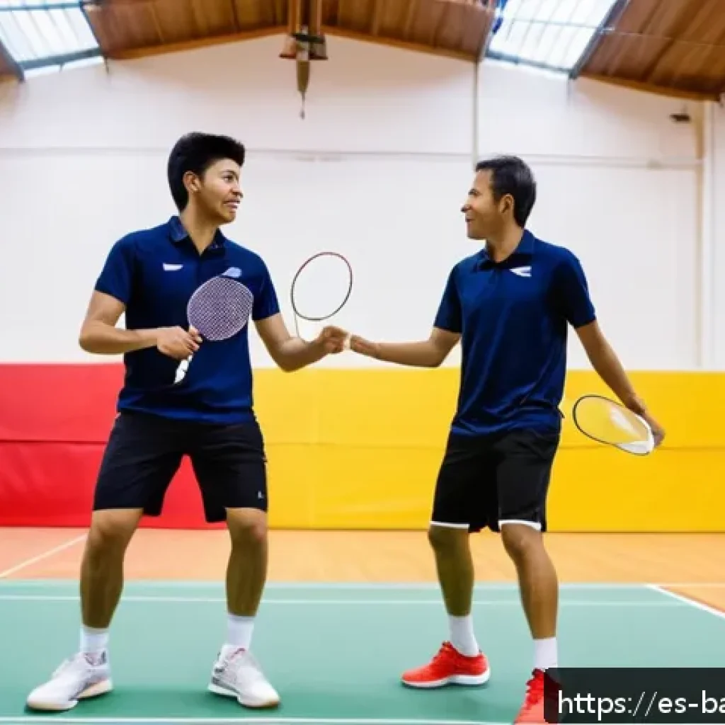 배드민턴과 탁구의 공통점과 차이점 - A dynamic scene showing two adult badminton players in an indoor sports hall typical of a Latin Amer...