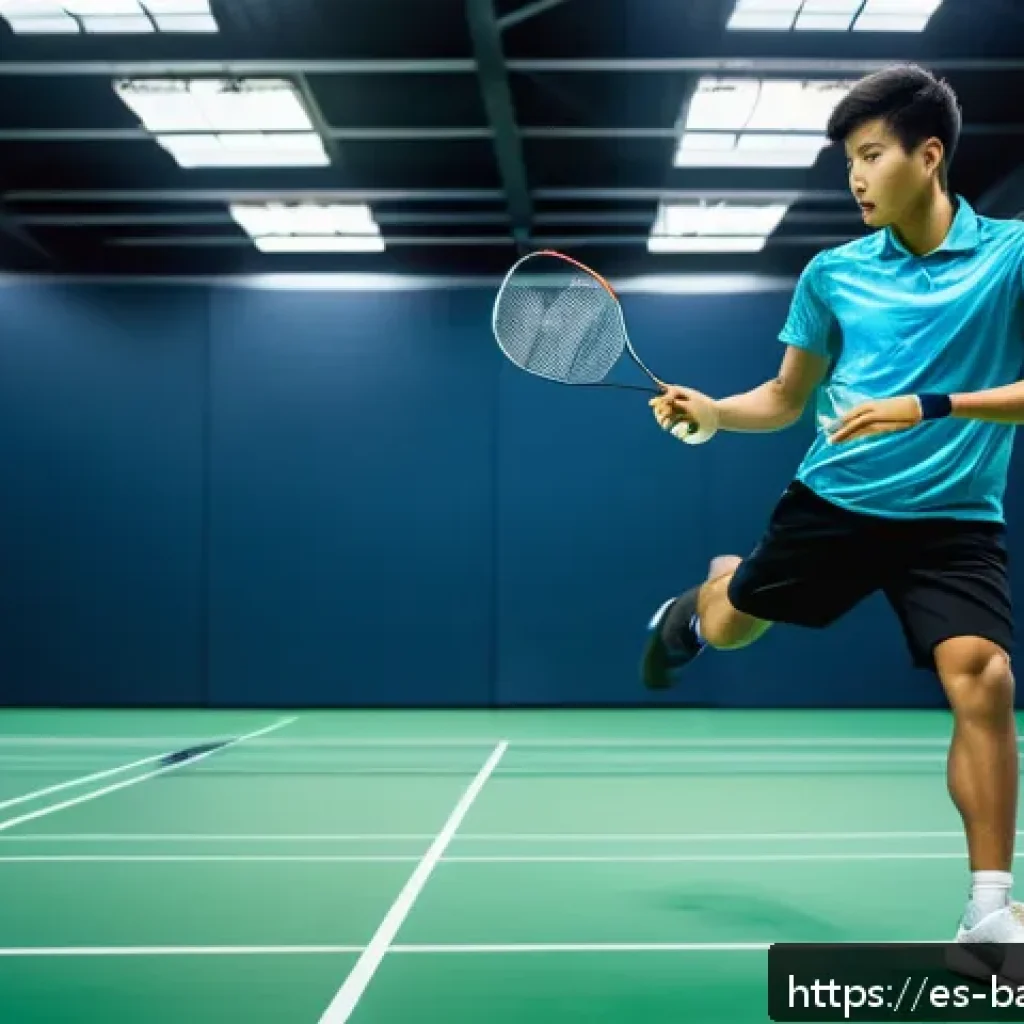 배드민턴 관련 앱 추천 - A detailed scene of a badminton training session featuring a young adult male athlete wearing high-t...