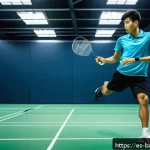 배드민턴 관련 앱 추천 - A detailed scene of a badminton training session featuring a young adult male athlete wearing high-t...