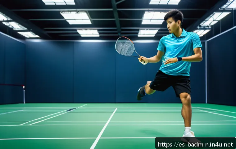 배드민턴 관련 앱 추천 - A detailed scene of a badminton training session featuring a young adult male athlete wearing high-t...