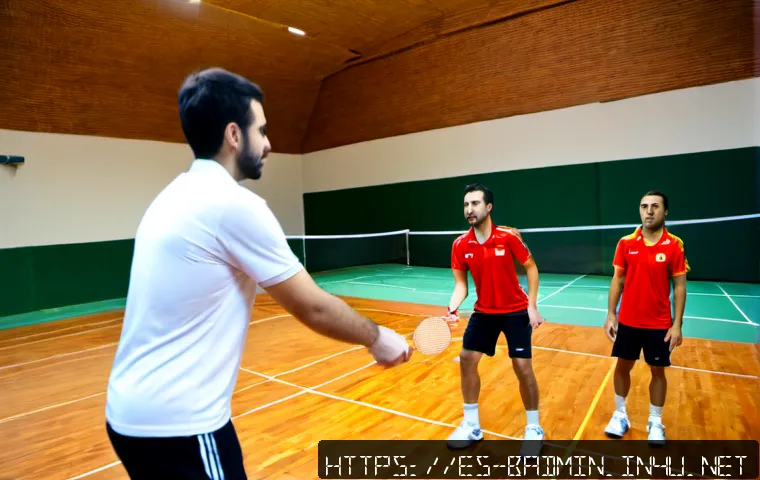 배드민턴 전술 변화와 대응 방법 - Photorealistic indoor badminton match in a bright Spanish community sports hall, two adult players d...