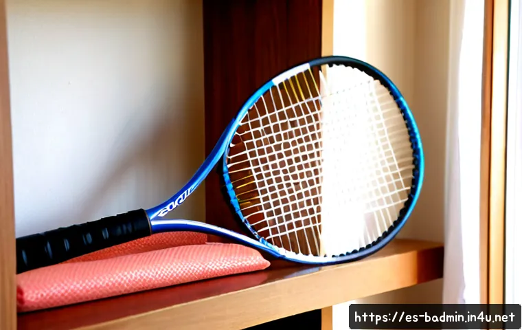 배드민턴 라켓 장기 보관 팁 - Photorealistic close-up of a badminton racket prepared for long-term storage, resting in a padded pr...