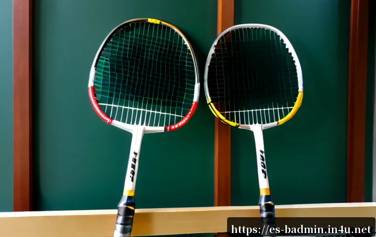 배드민턴 라켓 소재별 차이점 - Photorealistic comparison scene of three unbranded badminton rackets made from aluminum, graphite co...
