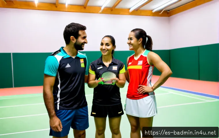 배드민턴 팀워크 향상 방법 - Photorealistic indoor badminton court in Spain, four diverse adult teammates in matching plain sport...