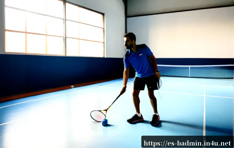 배드민턴 고수들의 공통 습관 - Photorealistic indoor badminton court in Spain at early morning, dedicated adult player carefully wa...